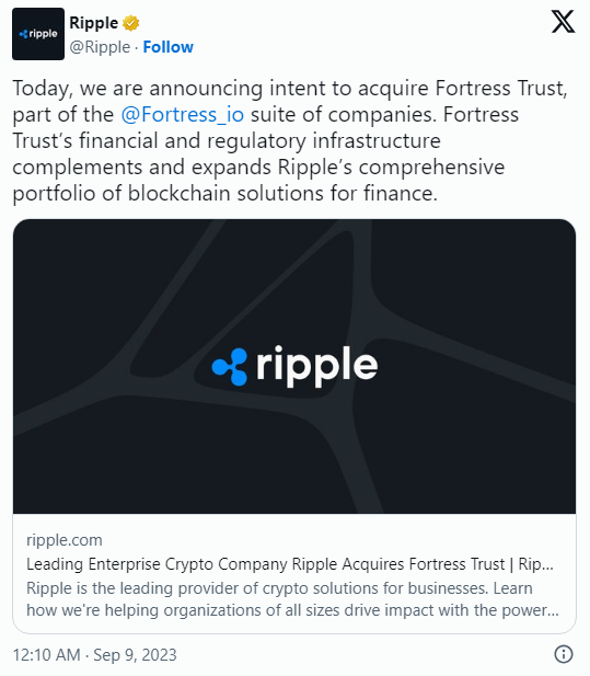 블록체인과 암호화폐 서비스의 핵심 주자인 ‘리플(Ripple)’이 포트리스 블록체인 테크놀로지스의 자회사인 ‘포트리스 트러스트(Fortress Trust)’를 인수할 예정인 것으로 8일 알려졌다.(사진=리플사 트위터 갈무리)