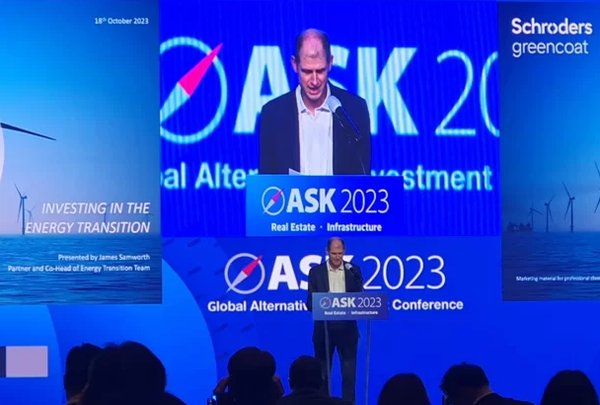 제임스 샘워스 슈로더 그린코트 파트너는 25일 ‘ASK 2023 대체투자 콘퍼런스’에 참석해 한국경제신문과 인터뷰를 하고 “일각에서 제기하는 의문부호를 없앨 만큼 그린수소 시장이 폭발적인 성장을 보여줄 것”이라며 이렇게 말했다.슈로더 그린코트는 영국 대형 자산운용사인 슈로더운용의 자회사로, 신재생에너지에 주로 투자한다. 신재생에너지 분야에서 90억파운드(약 14조7786억원)를 운용하고 있다.(사진=ASK 2023대체투자 콘퍼런스  제공)