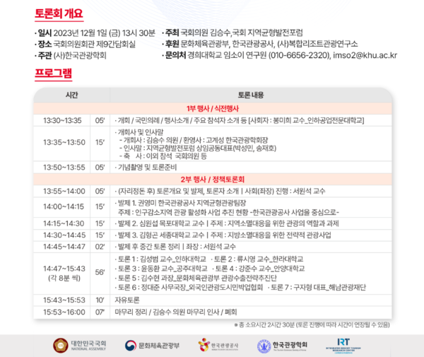 이 토론회는 저출생 등 인구감소로 인한 지방소멸이라는 위기의식이 커지고 있는 상황에 적극 대응하기 위해 국회와 정부, 학계가 서로 협력 기반을 조성하고 관광정책 및 실행 방안을 모색하기 위해 마련되었다.(자료=김승수 의원실 제공)