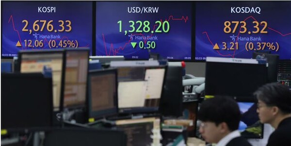 미국과 일본증시는 날개를 단 듯 상승세를 보이고 있으나 한국증시는 답보상태에 빠져있다. 23일 서울 중구 하나은행 딜링룸에서 딜러가 업무를 보고 있다. 사진=뉴시스