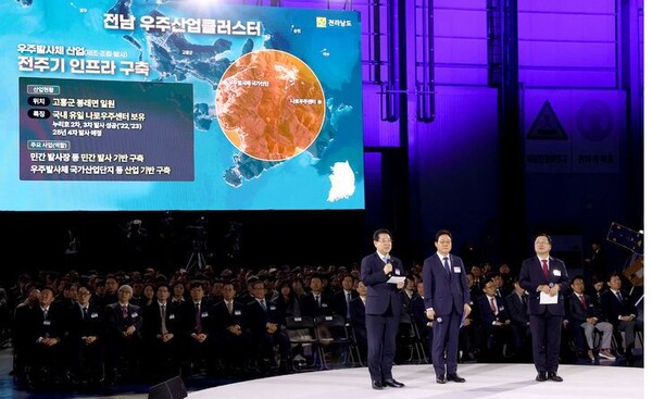 김영록 전남지사(왼쪽)가 13일 우주산업 클러스터 출범식에서 우주산업 클러스터 삼각 체제에 대한 지방자치단체별 지원 방향을 발표하고 있다. 사진=전라남도