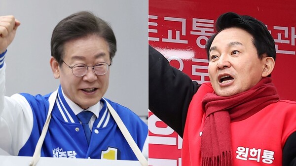 인천 계양을에 출마한 더불어민주당 이재명 (왼쪽) 후보와 국민의힘 원희룡 후보가 공식선거운동이 시작된 지난달 28일 오전 거리 유세를 하고 있다. 사진=뉴스1