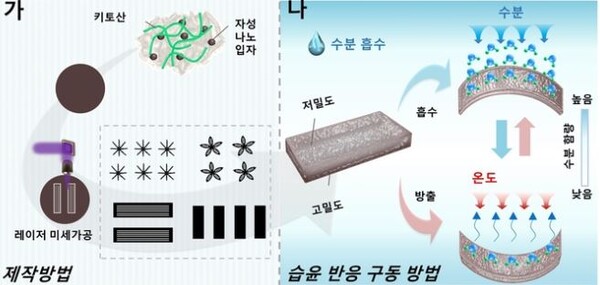 다기능 소프트 의료로봇 제작 과정(왼쪽)과 습윤 반응 구동 메커니즘 개념도. 사진=고광준교수 제공