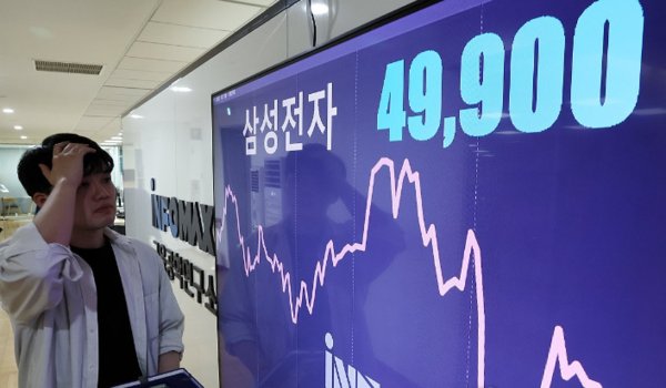 14일 오후 서울 종로구 연합인포맥스 모니터에 삼성전자 주가가 4만원대로 추락한 것이 모니터에 표시돼 있다. 사진=연합뉴스