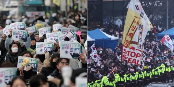 윤석열 대통령 체포영장 만료를 하루 앞두고 대규모 찬성 및 반대(왼쪽부터) 집회가 열리고 있다.