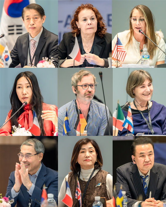 ▲ 왼쪽 위부터 이광수 세계회장, Maria Moroz 부회장(폴란드), Kathe Madrigal 북미 코디네이터(미국), Sophie Huh 유네스코 파리 본부 사무총장, Marcel Noack 집행위원(독일), Marta Yglecisas 집행위원(코스타리카), 이영준IAA KOREA 부회장, 선우미숙 IAA KOREA 사무총장, 라정현 IAA 본부 사무차장