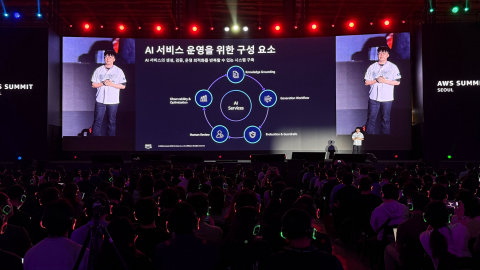  AWS 서밋 서울 2026에서 ‘생성형 AI의 신뢰성 확보 전략 : 매경AX의 환각 통제 사례’ 주제로 발표 중인 스마일샤크 최병주 솔루션즈 아키텍트(제공=스마일샤크)