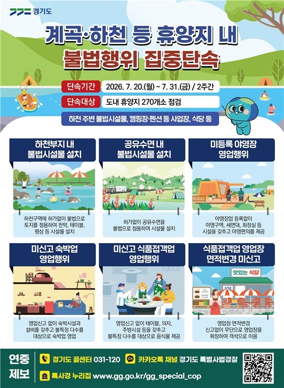 경기도가 여름 휴가철을 맞아 계곡과 하천 등 도내 주요 휴양지를 대상으로 불법행위 집중 단속에 나선다. 단속은 불법 시설물 설치와 무허가 영업 등 안전 취약 행위를 중심으로 진행될 예정이다. [경기도 제공. DB 및 재판매 금지]