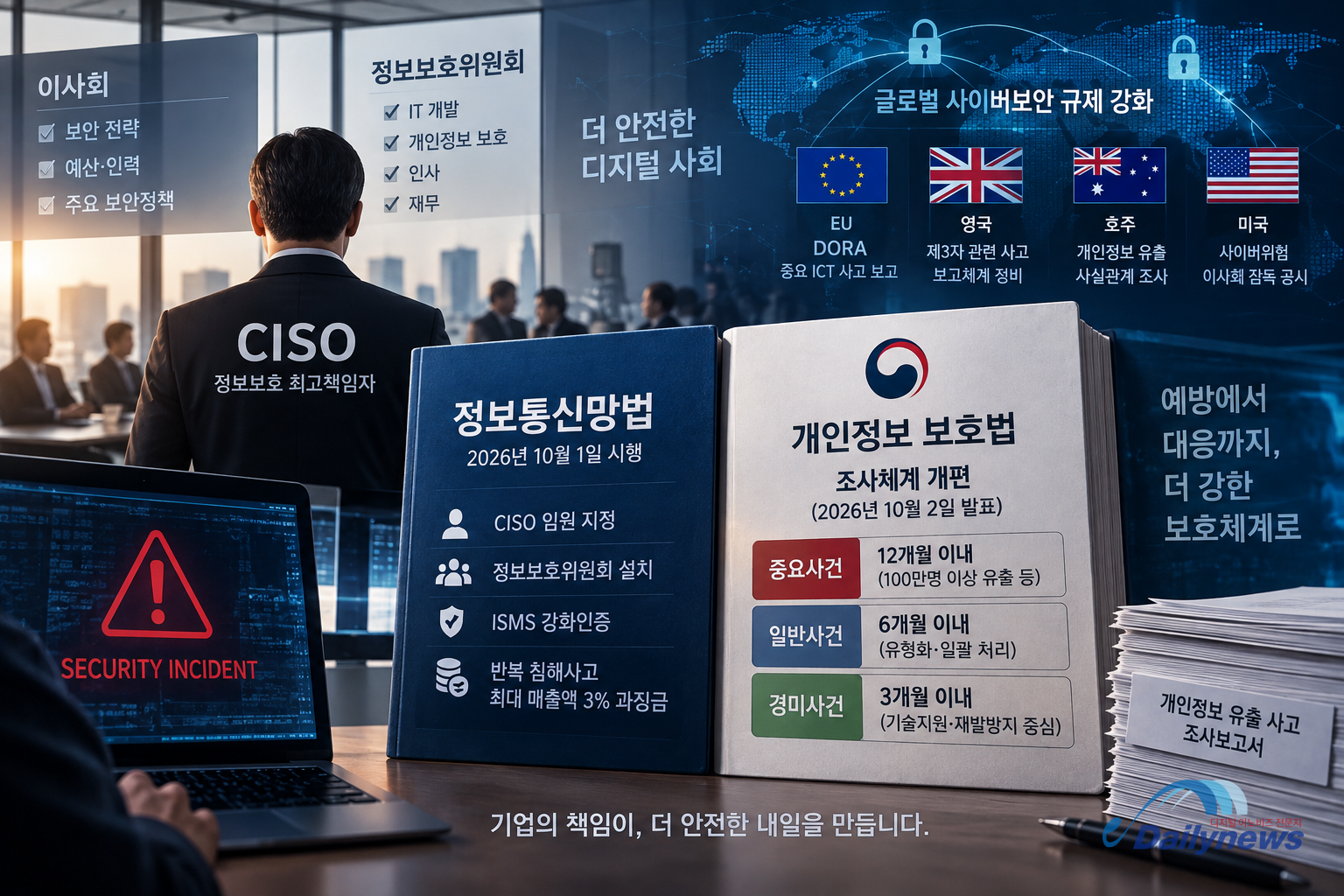 2026년 10월부터 정보통신망법 개정에 따라 CISO 책임과 정보보호위원회, ISMS 강화인증, 반복 침해사고 제재가 강화되고, 개인정보보호위원회도 유출·침해 사건을 중요도에 따라 구분해 조사하는 체계로 개편했다. AI그래픽=데일리뉴스