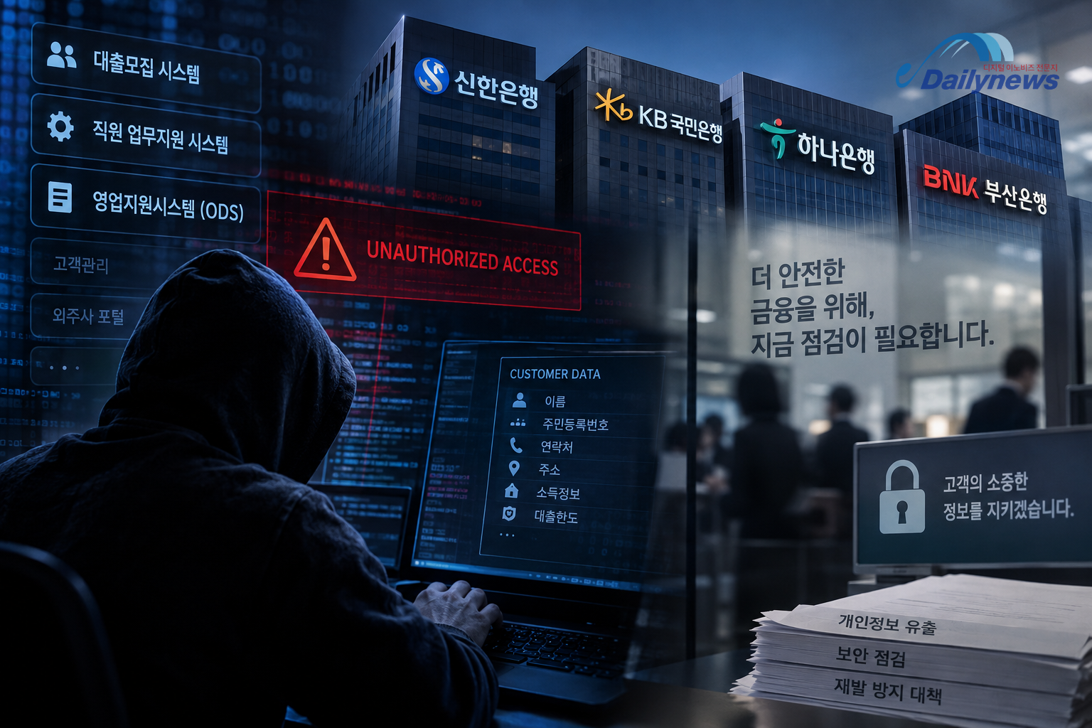 신한·KB국민·하나·BNK부산은행 등에서 개인정보 유출과 외부 침입이 잇따르면서, 인터넷·모바일뱅킹 핵심망 밖의 대출·영업·직원 업무지원 시스템이 새로운 공격면으로 부각되고 있다. AI그래픽=데일리뉴스